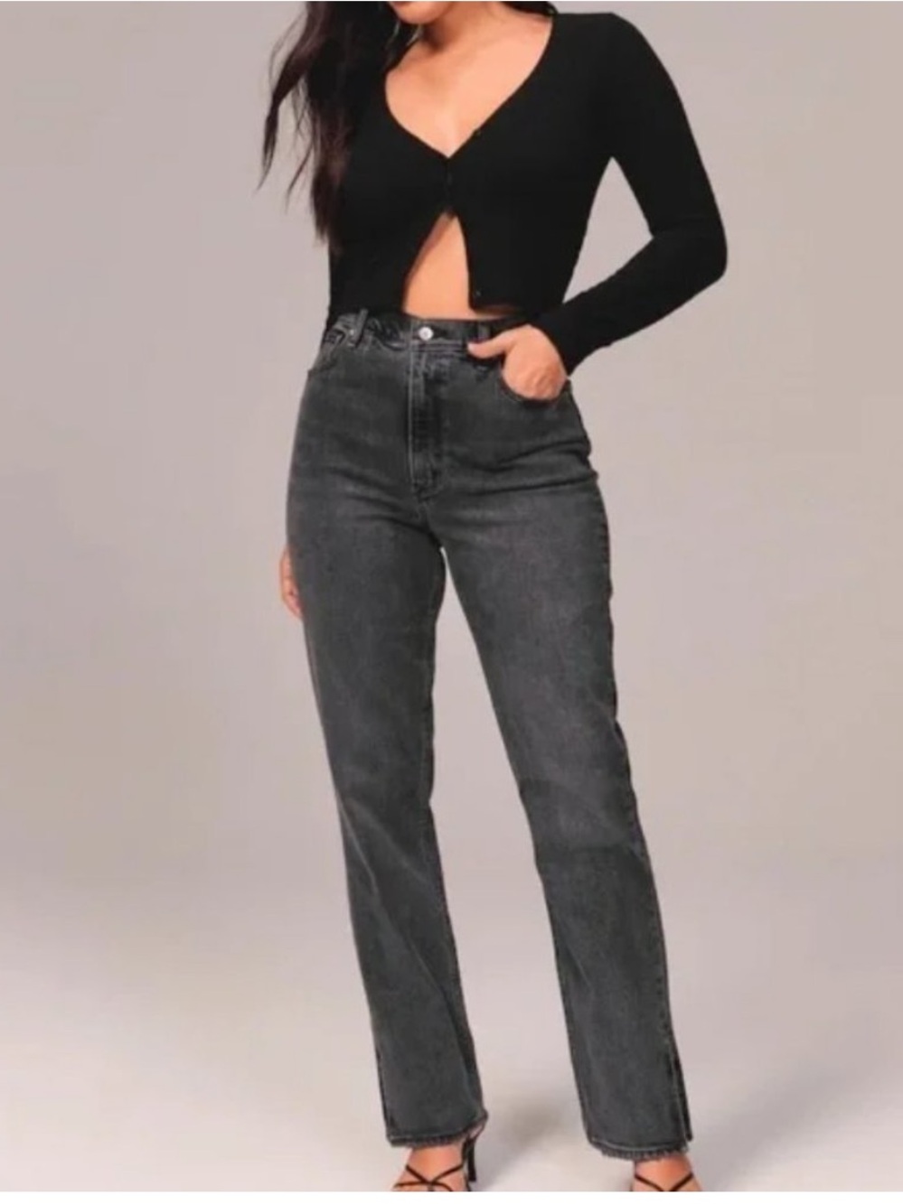 Abercrombie & Fitch Black Wash High Rise Straight Leg Jeans Split Hem Ankle